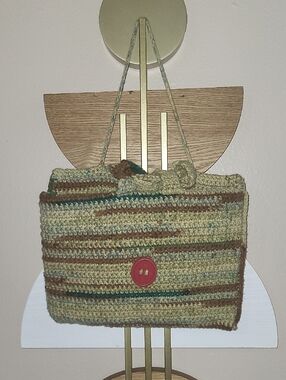 Handmade Multicolor Crochet Tote Bag with Pink Button